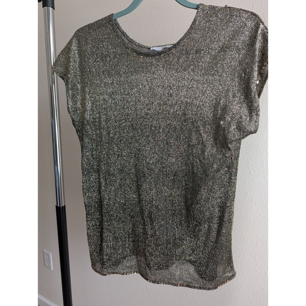 Jessica Michelle Womens Gold Metallic Knit Scoop Neck Short Sleeve‎ Blouse Top
